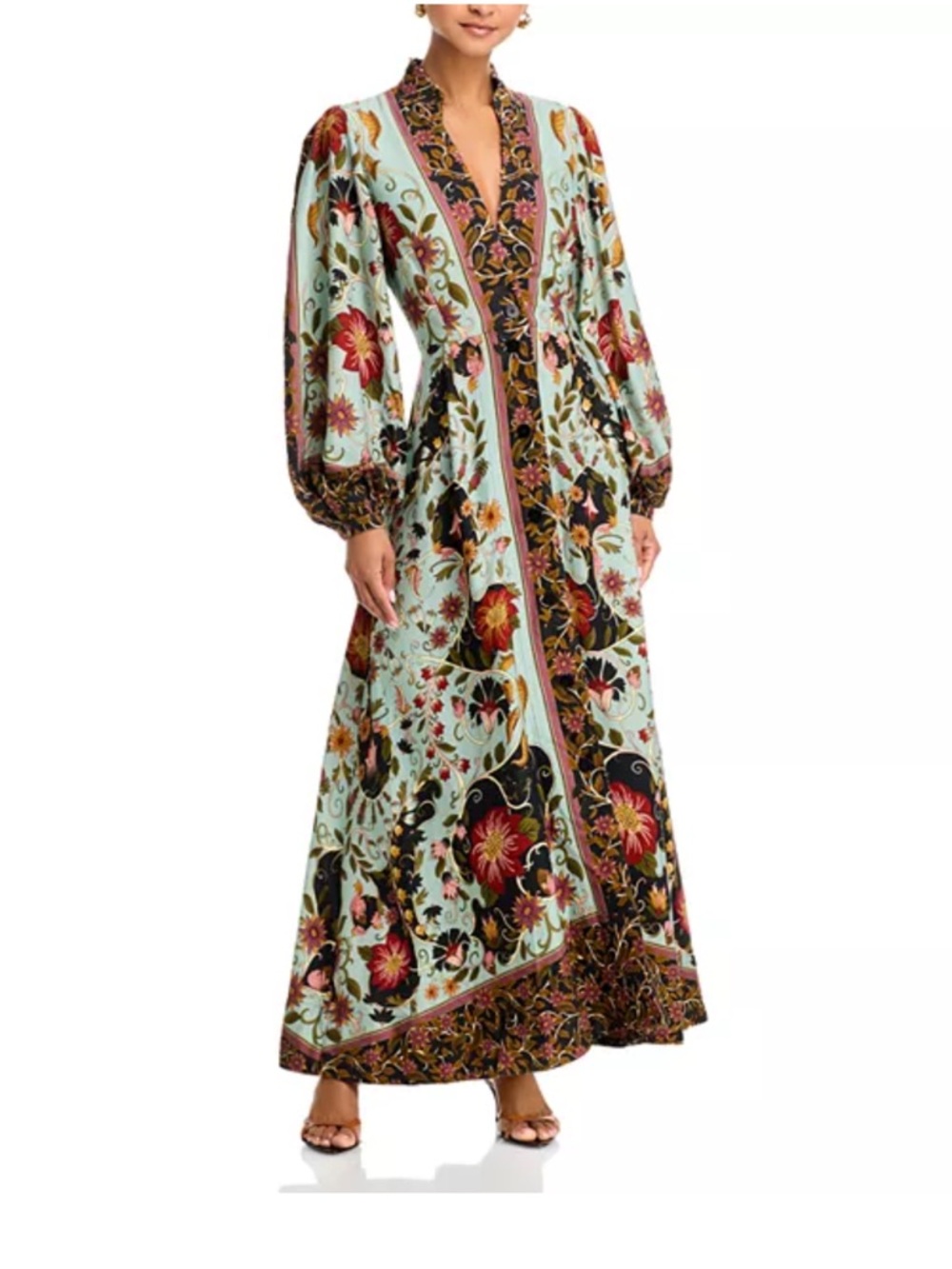 Floral Maxi Dress with Puff Sleeves - Mint & Burgundy